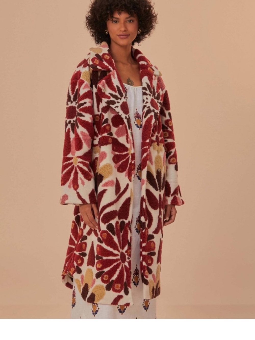 FARM Rio Red Floral Teddy Coat with Cream, Pink & Brown Accents